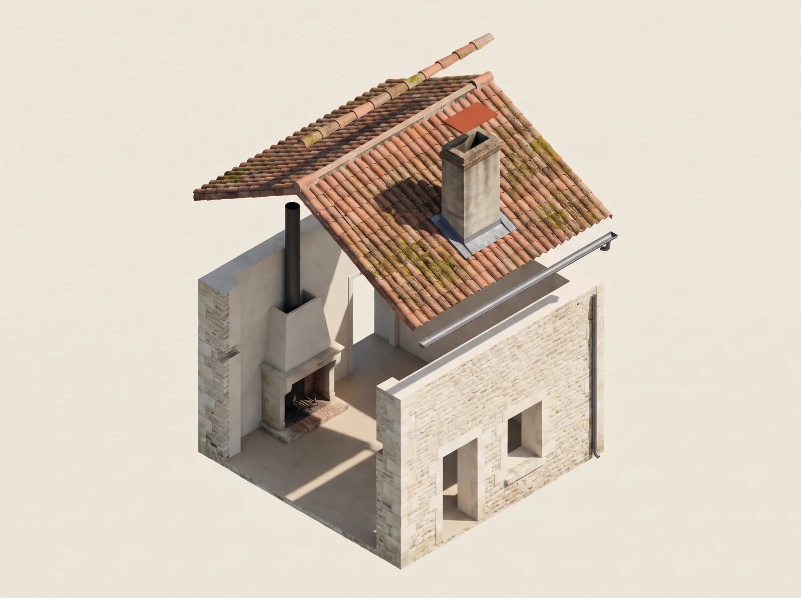 Maison en coupe isométrique montrant un foyer, un conduit de cheminée, une sortie de toit et les éléments de couverture